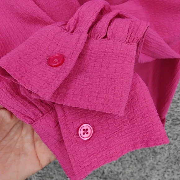 Belle Kim Gravel Womens Gauzy Preppy Lightweight Top L Hot Pink Textured VNeck - Picture 11 of 16